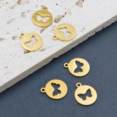 Zawieszka moneta motyl stal nierdzewna 14.5x12mm złota (1szt.)