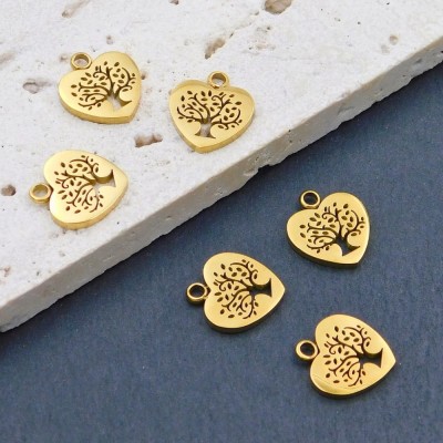 Zawieszka serce drzewo życia stal chirurgiczna pozłacana IP 12x11mm (1szt.)