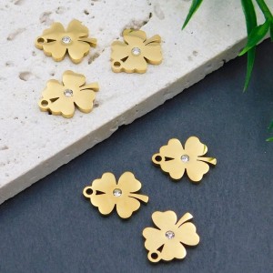 Złota zawieszka koniczynka stal chirurgiczna pozłacana z cyrkonią 14.5x12mm (1szt.)