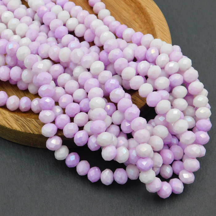 Oponki fasetowane ze szkła 8x6mm biało-fioletowe z połyskiem (20szt.)