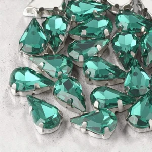 Kaboszon łza ze szkła w oprawie 13x8mm ciemny zielony (2szt.)