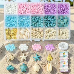 Zestaw koralików do biżuterii pastelowy motyw morski muszelki żółwie (1 zestaw)