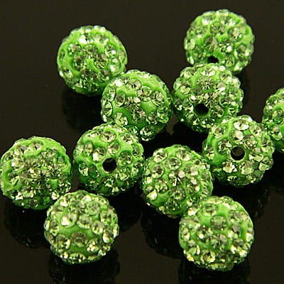 Kula Shamballa ze szklanymi cyrkoniami 10mm jasno zielona (1szt)