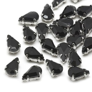 Kaboszon łza szklana czarna w mosiężnej oprawie 8x5mm (4szt.)